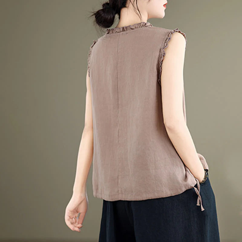 Buddha Stones Summer Ruffled Design Drawstring Crew Neck Cotton Linen Women's Sleeveless Vest