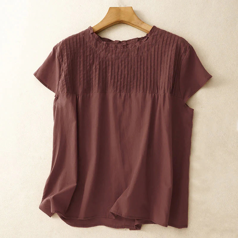 Buddha Stones Summer Pure Color Ruffled Pleated Design Women's Cotton Short Sleeve Shirt