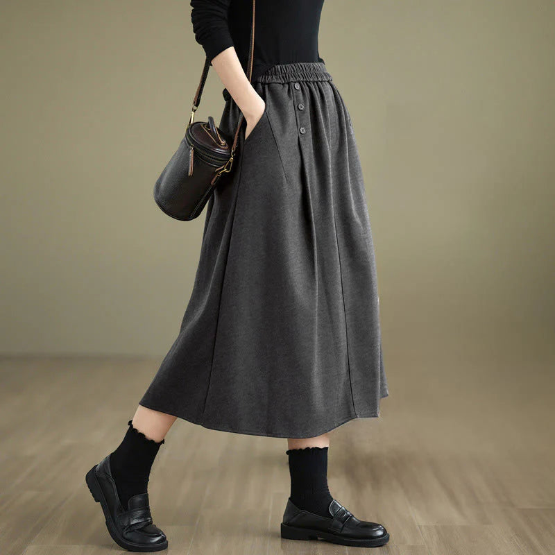 Buddha Stones Women's Winter Pure Color Cotton 7-8 Length Elastic Waistband Skirt With Pockets