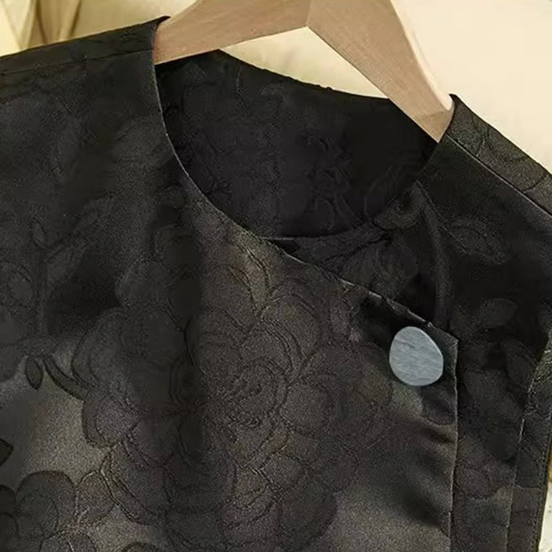Buddha Stones Black Peony Flowers Frog-Button Pattern Cotton Women's Sleeveless Vest Waistcoat