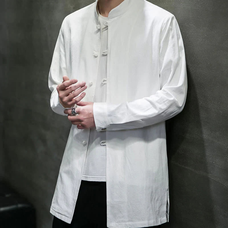 Buddha Stones Simple Tang Suit Plain Chinese Frog-Button Men's Cotton Long Sleeve Jacket Shirt