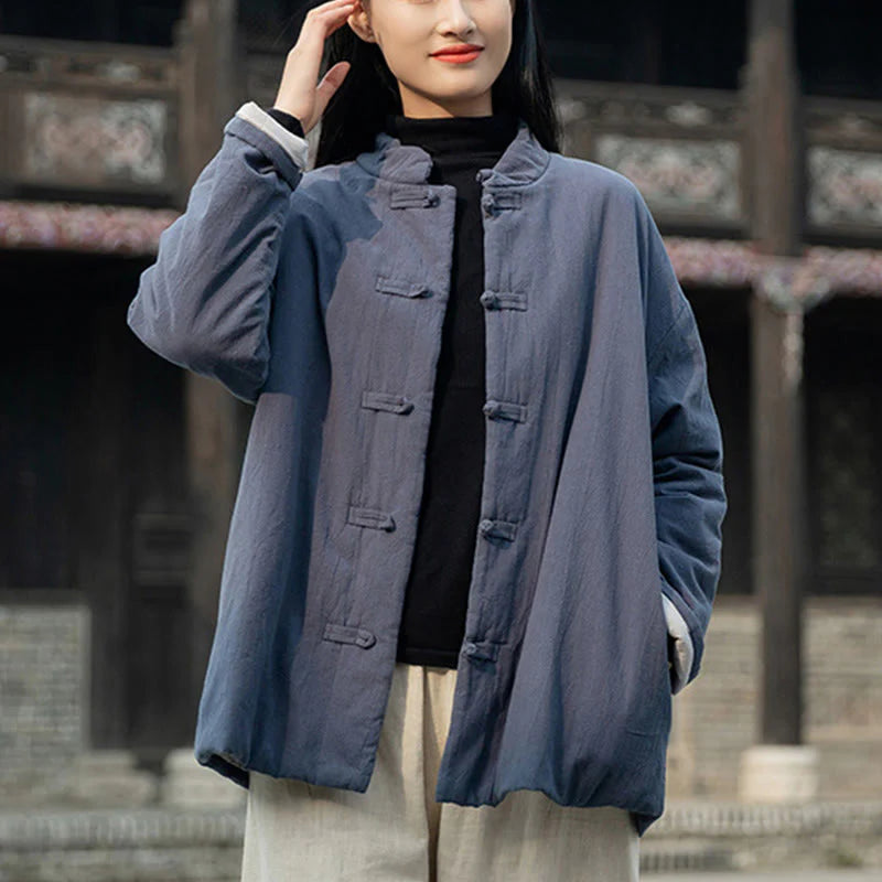 Buddha Stones Winter Solid Frog-Button Long Sleeve Cotton Women's Thermal Jacket With Pockets