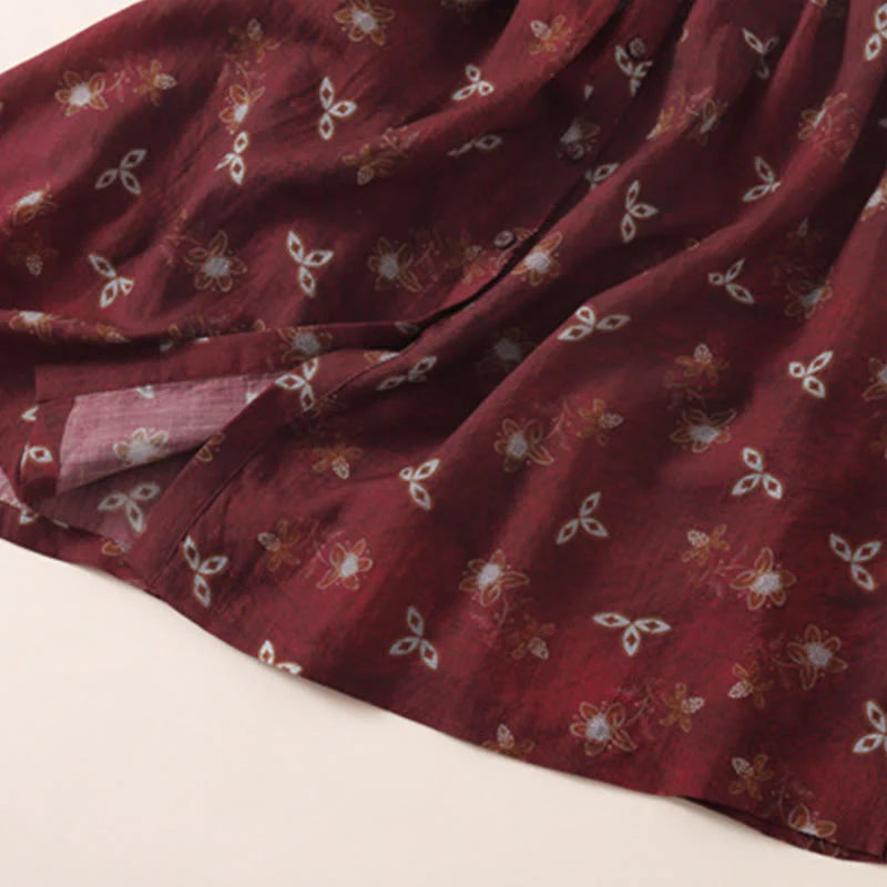 Buddha Stones Summer Printing Floral Button Lace-Up Design Half Sleeve Midi Dress With Pockets