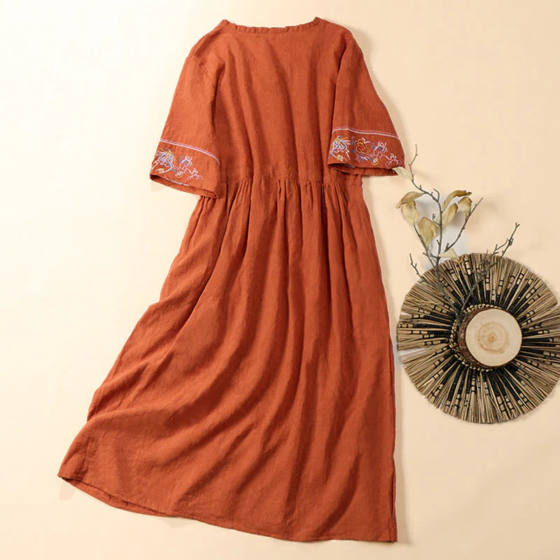 Buddha Stones Summer V-Neck Floral Embroidery Design Short Sleeve Cotton Midi Dress With Pockets
