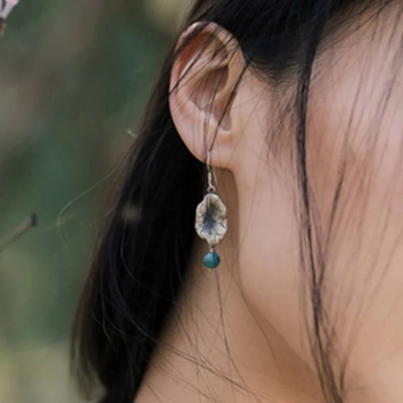 Buddha Stones 925 Sterling Silver Turquoise Lotus Leaf Protection Drop Dangle Earrings