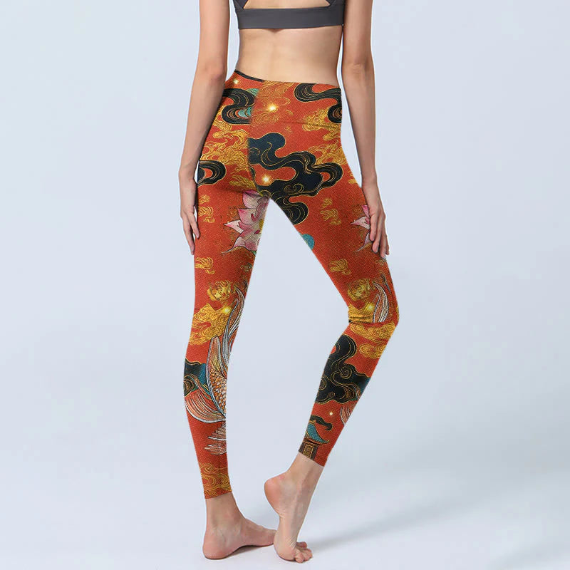Buddha Stones Koi Fish Lotus Cloud Pattern Print Gym Leggings Women's Yoga Pants