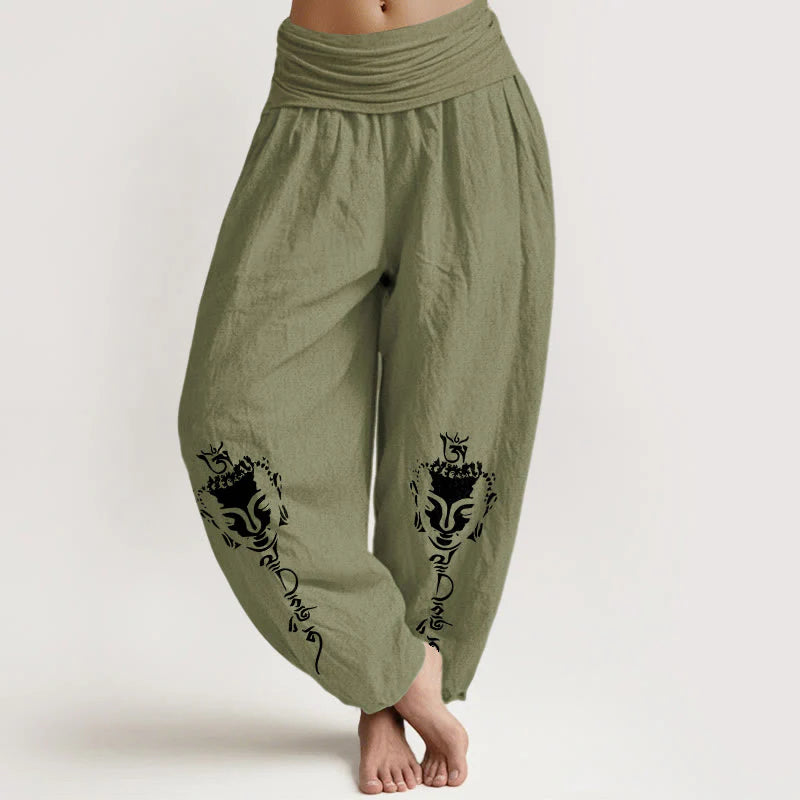 Buddha Stones Pure Cotton Concise Om Symbol Buddha Pattern Women's Elastic Waist Harem Pants