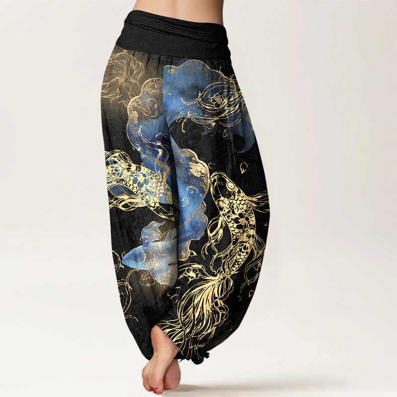Buddha Stones Pure Cotton Lively Koi Fish Pattern Women's Elastic Waist Harem Pants
