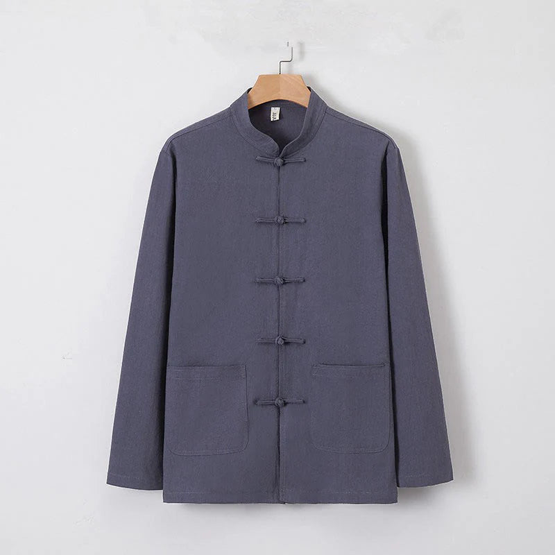 Buddha Stones Men's Tang Long Sleeve Shirt Frog Button With Pocket Stand Collar Comfort Shirt