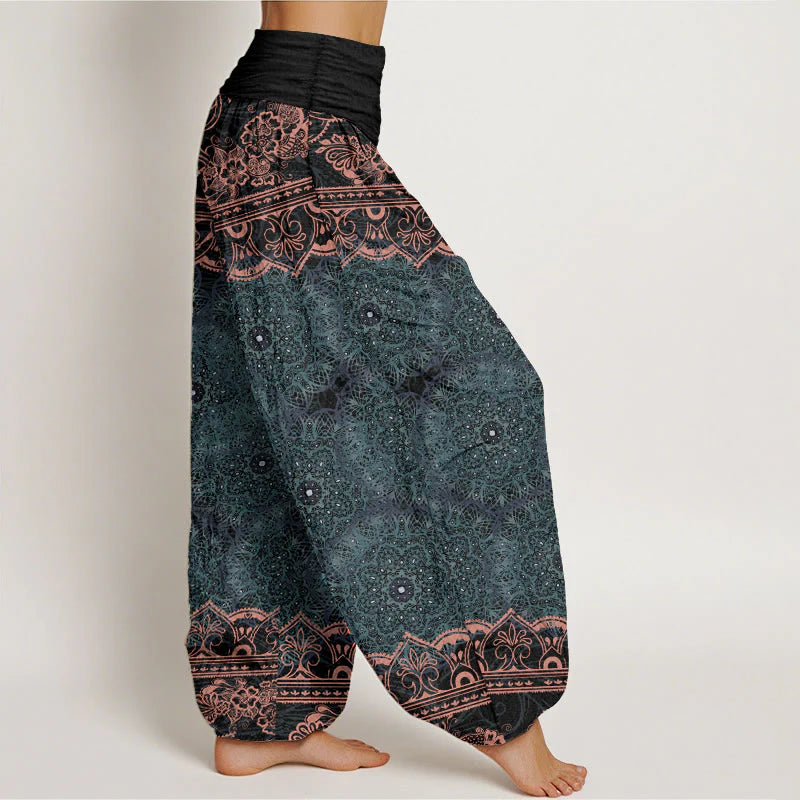 Buddha Stones Cotton Elegant Mandala Flowers Design Women's Elastic Waist Harem Pants