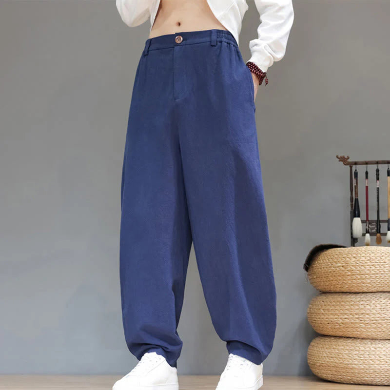 Buddha Stones Fall Sports Men's Pure Color Button Design Cotton Pants With Pockets