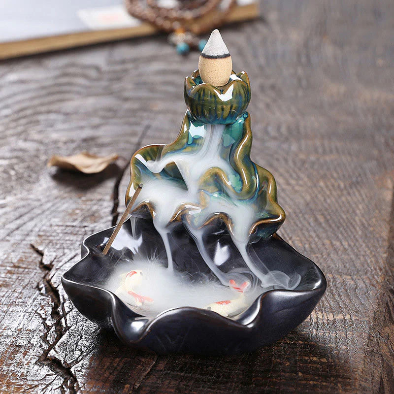Buddha Stones Lotus Leaf Koi Fish Ceramic Backflow Smoke Fountain Peace Incense Burner Decoration