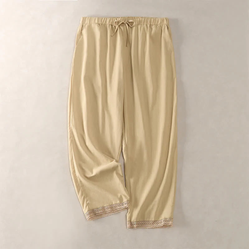 Buddha Stones Summer Lace-trimmed Hem Solid Color Women's Tapered Pants With Pockets