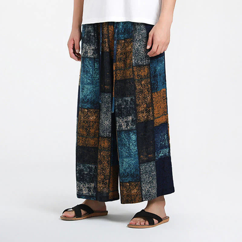 Buddha Stones Summer Patchwork Design 7-8 Length Men's Wide Leg Pants With Pockets
