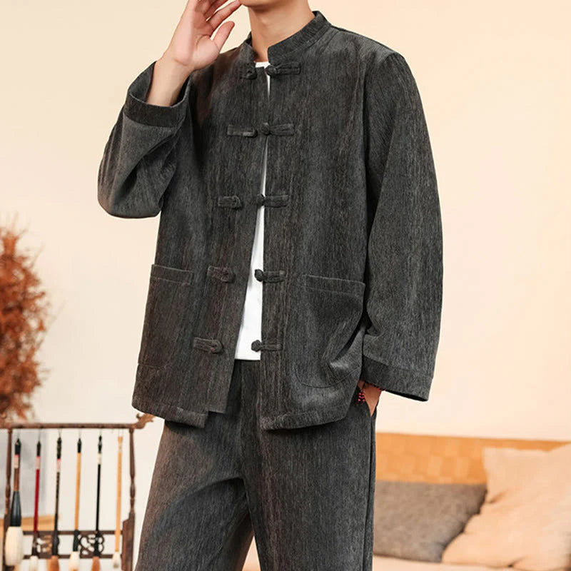 Buddha Stones 2Pcs Winter Thick Men's Tang Suit Frog-Button Cotton Corduroy Long Sleeve Jacket Pants Set With Pockets