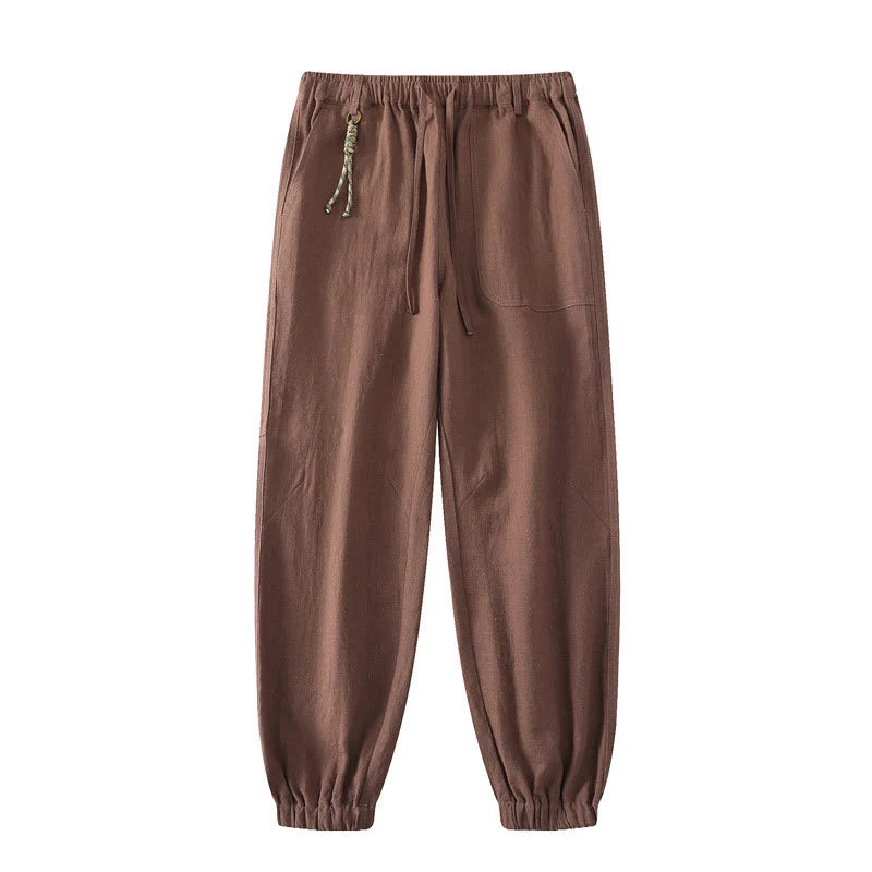 Buddha Stones Summer Ramie Linen Cotton Ankle-Length Elastic Cuffs Tapered Men's Pants With Pockets