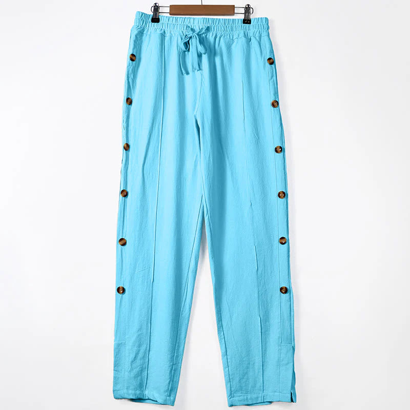 Buddha Stones Solid Color Side Buttons Men's Cotton Pants With Pockets