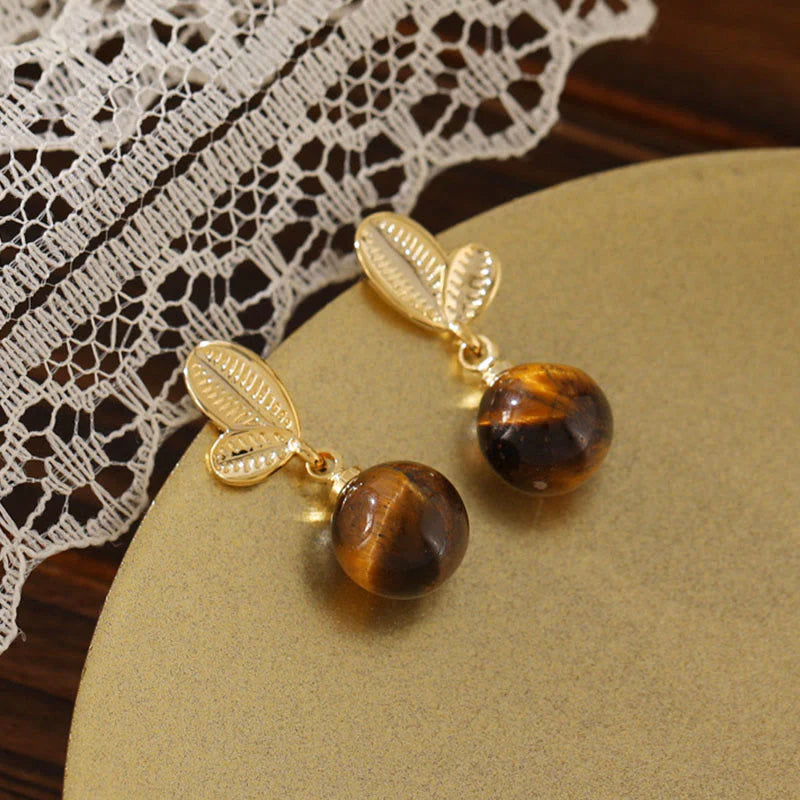 Buddha Stones Tiger Eye Leaves Design Copper Protection Earrings