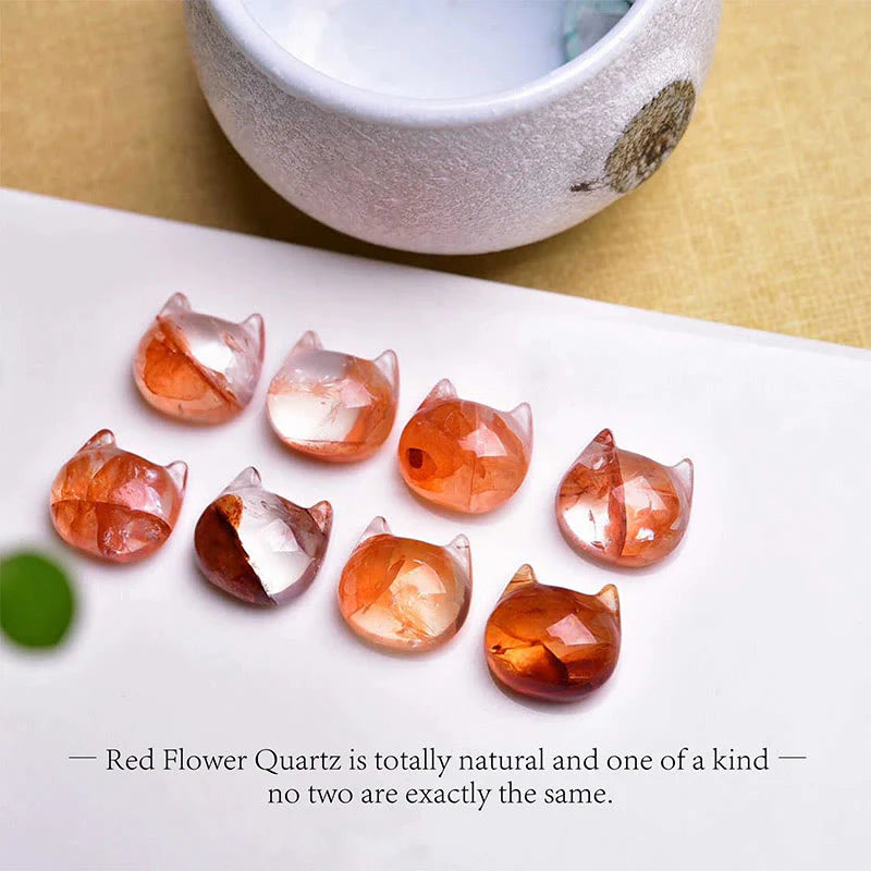 Buddha Stones 925 Sterling Silver Cat Head Natural Red Flower Quartz Protection Necklace Pendant