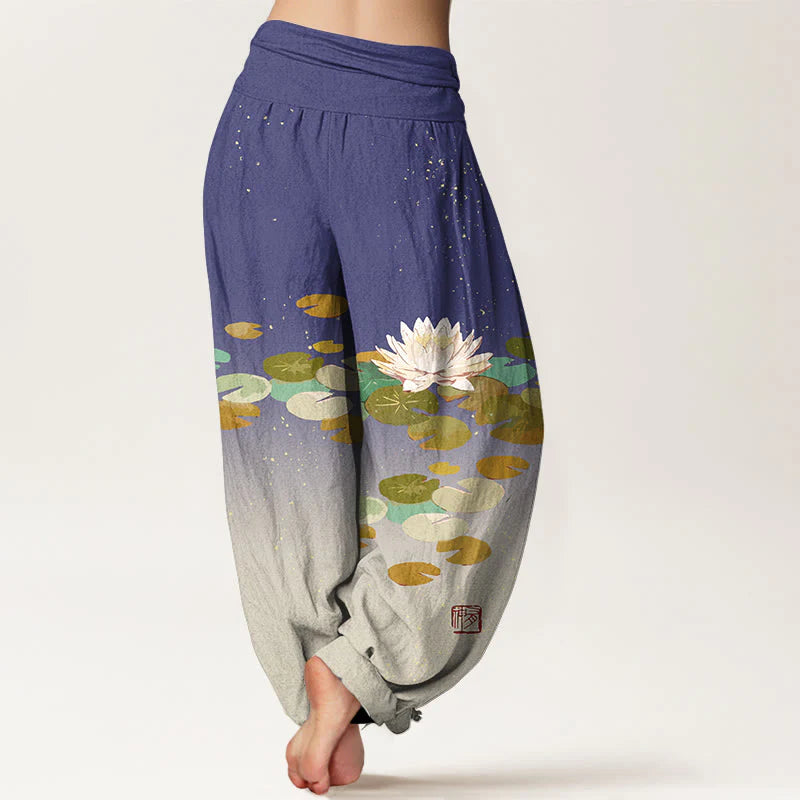 Buddha Stones Printed White Lotus Leaves Pattern Women's Elastic Waist Harem Pure Cotton Pants