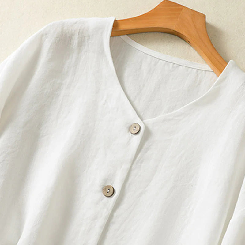 Buddha Stones Spring Plain Buttons Design V-Neck Long Sleeve Women's Cotton Linen Shirt