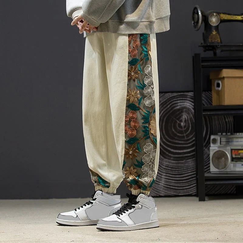 Buddha Stones Spring Men's Embroidered Flower Pattern Patchwork Cotton Pants With Pockets