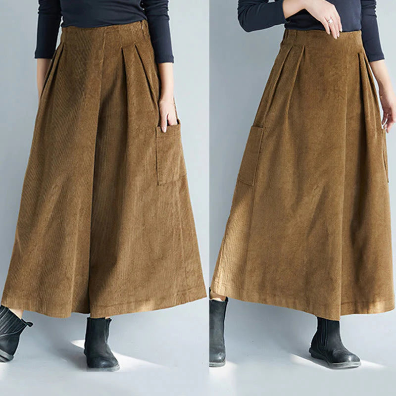 Buddha Stones Women's Plain Side Zipper Design Wide Leg Corduroy 7-8 Length Pants With Pockets
