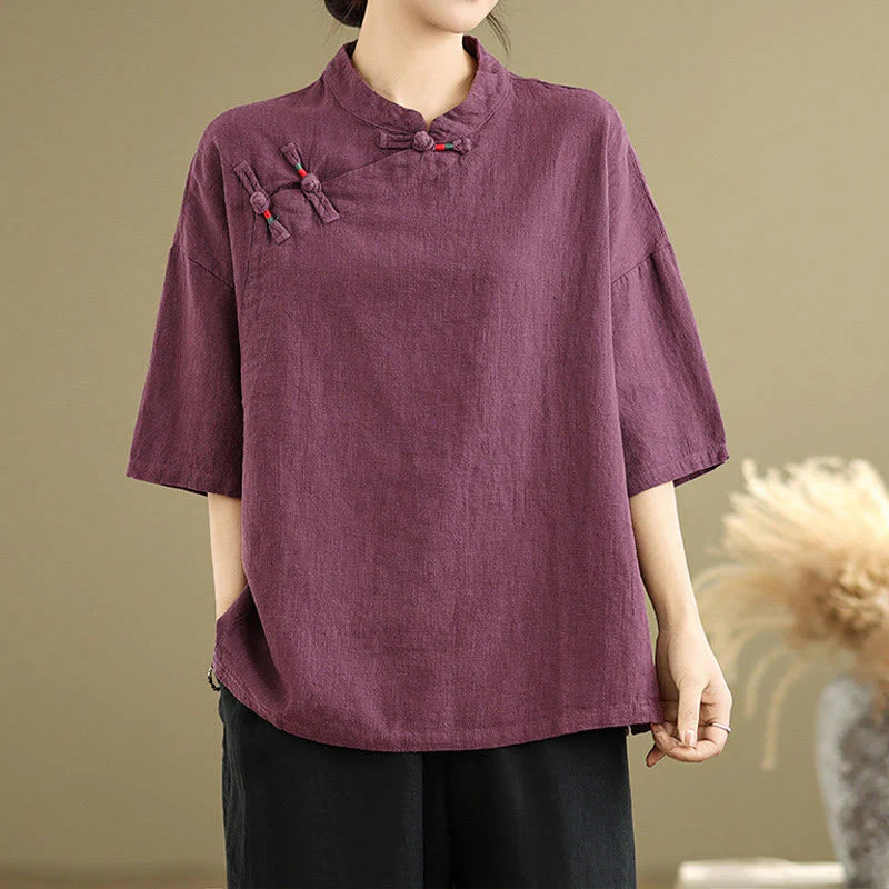 Buddha Stones Plain Chinese Frog-Button Stand Collar Design Women's Cotton Linen Half Sleeve Shirt