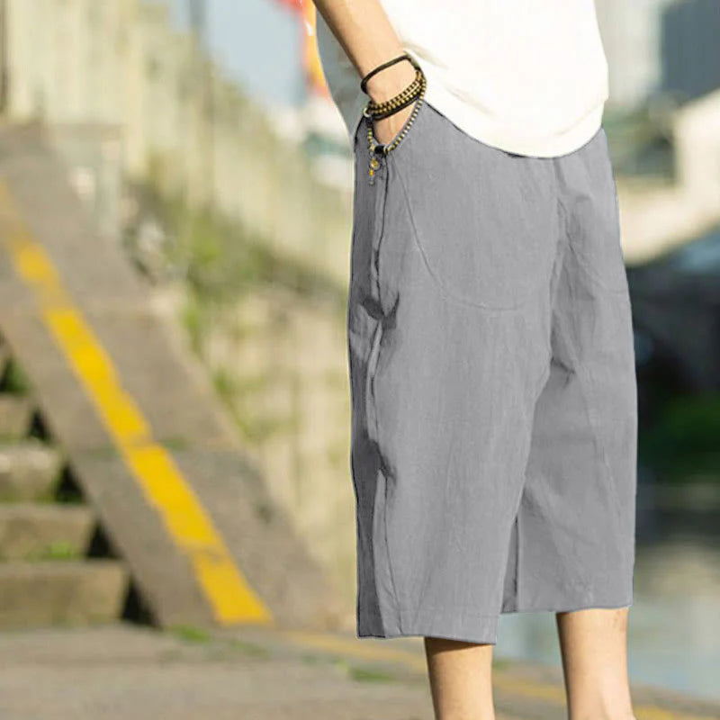 Buddha Stones Summer Plain Pleat Design Drawstring Men's 7-8 Length Cotton Linen Pants With Pockets