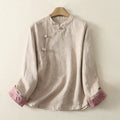 Buddha Stones Jacquard Diagonal Placket Long Sleeve Women's Cotton Linen Buttons Shirt