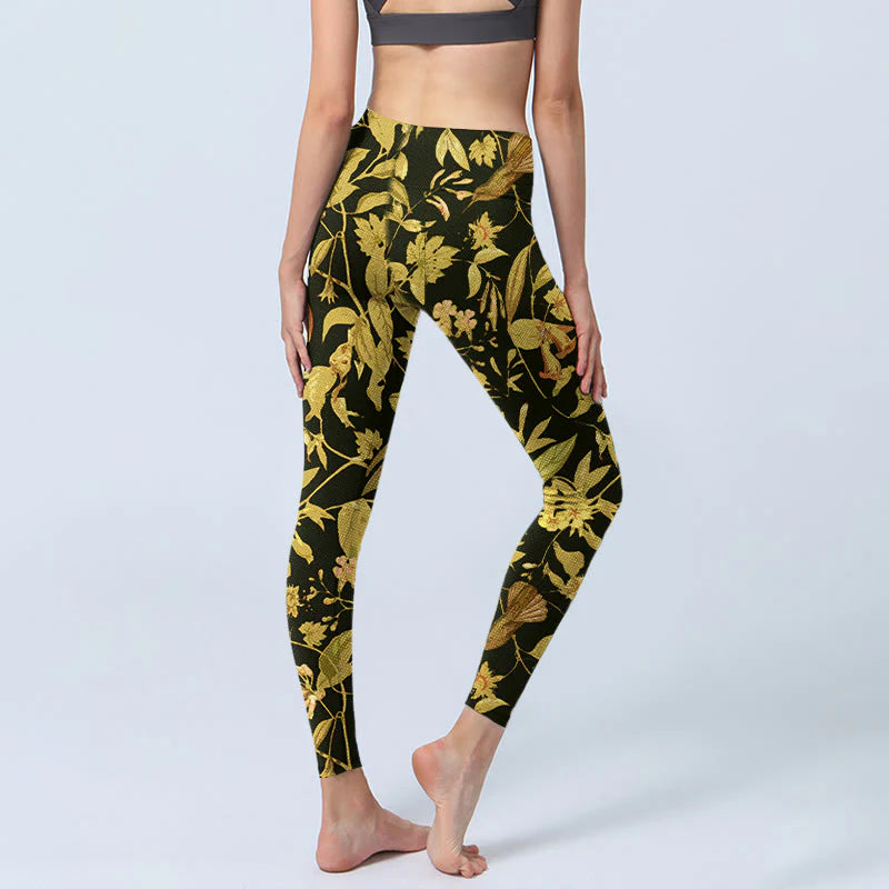 Buddha Stones Luxurious Flower Leaf Bird Pattern Print Gym Leggings Women's Yoga Pants