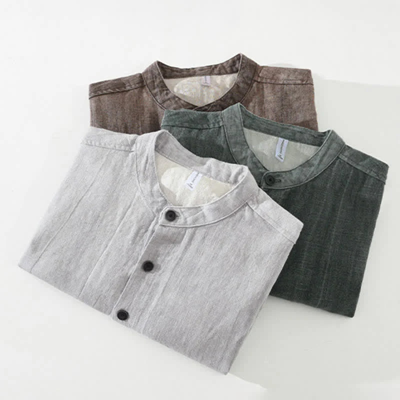Buddha Stones Fall Plain Long Sleeve Buttons Design Men's Ramie Linen Cotton Shirts With Pocket
