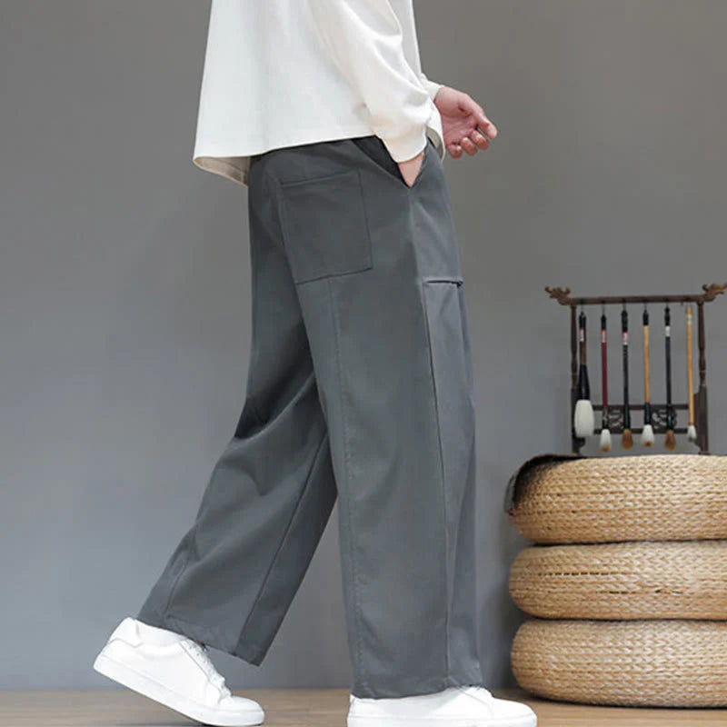 Buddha Stones Fall Pure Color Cotton Men's Cropped Harem Pants With Pockets