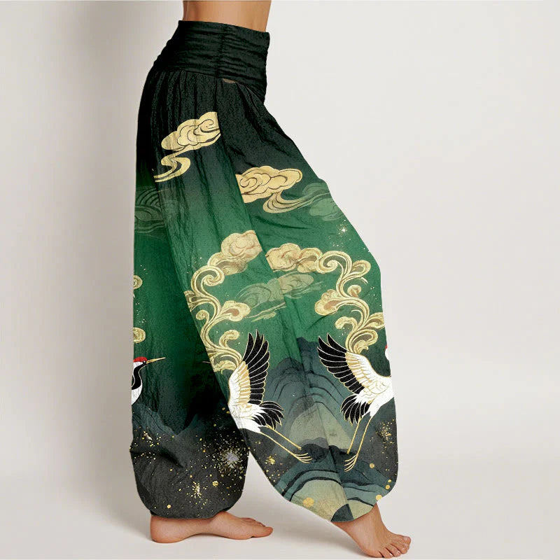 Buddha Stones Pure Cotton Colorful Crane Cloud Mountain Pattern Women's Elastic Waist Harem Pants