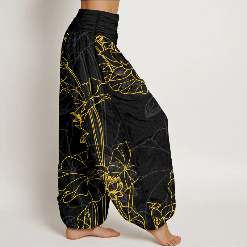 Buddha Stones Pure Cotton Concise Lotus Flower Leaf Pod Bud Pattern Women's Elastic Waist Harem Pants
