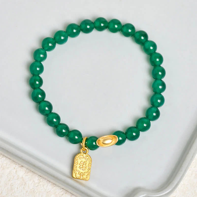 Buddha Stones Green Agate Ingot Fu Character Relaxation Hope Bracelet