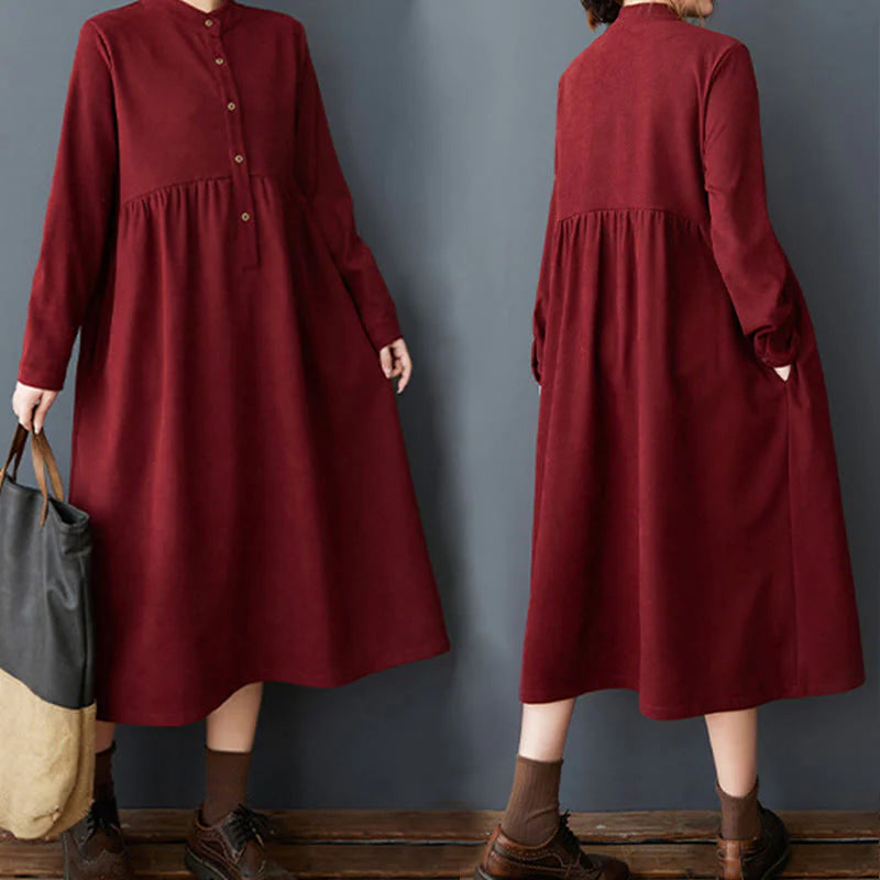 Buddha Stones Plain Buttons Design Thermal Cotton Linen Long Sleeve Midi Dress With Pockets