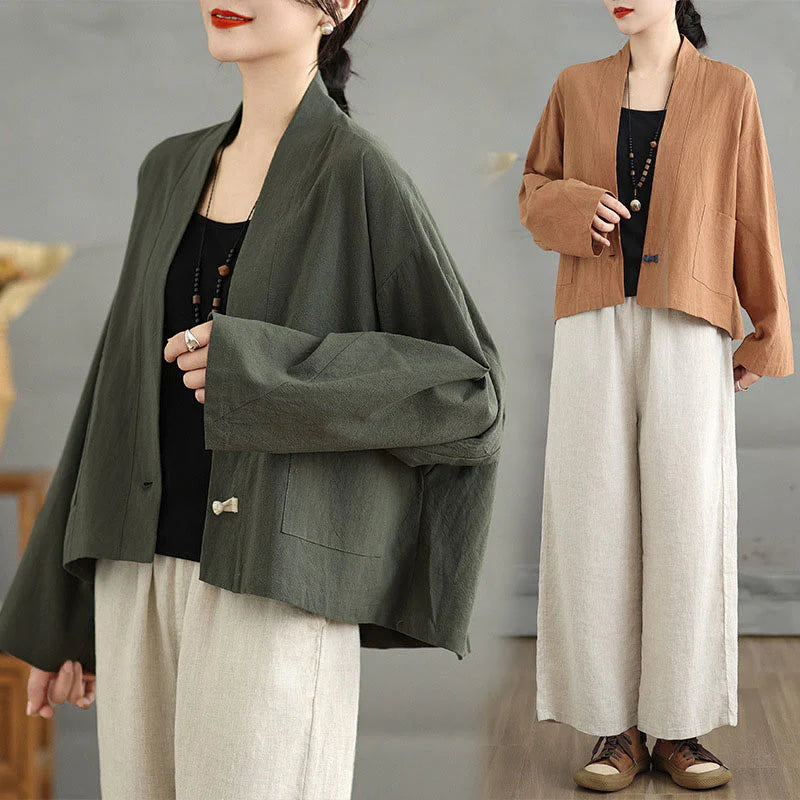 Buddha Stones Casual Vintage Plain Long Sleeve Open Front Cardigan Cotton Linen Jacket With Pockets