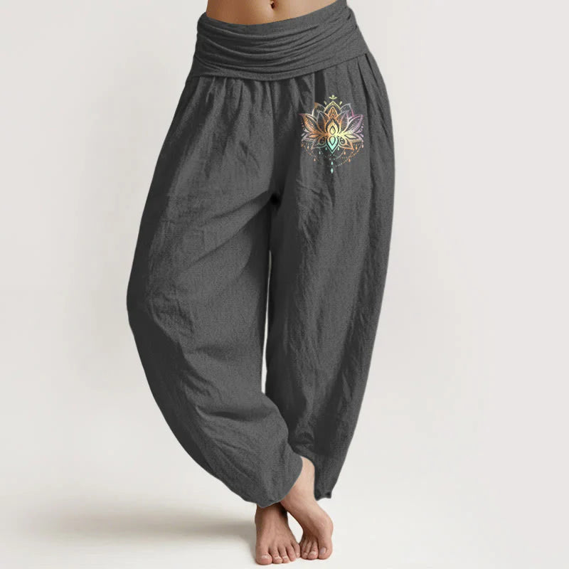 Buddha Stones Pure Cotton Rainbow-colored Lotus Pattern Women's Elastic Waist Harem Pants