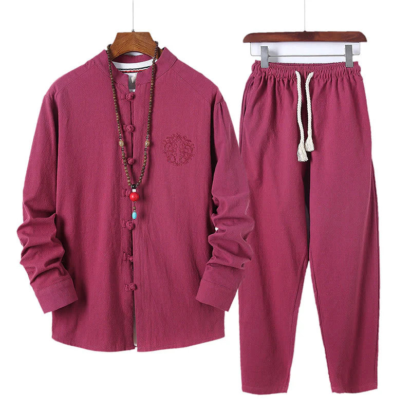 Buddha Stones 2Pcs Solid Color Men's Frog-Button Long Sleeve Cotton Shirt Pants Set With Pockets