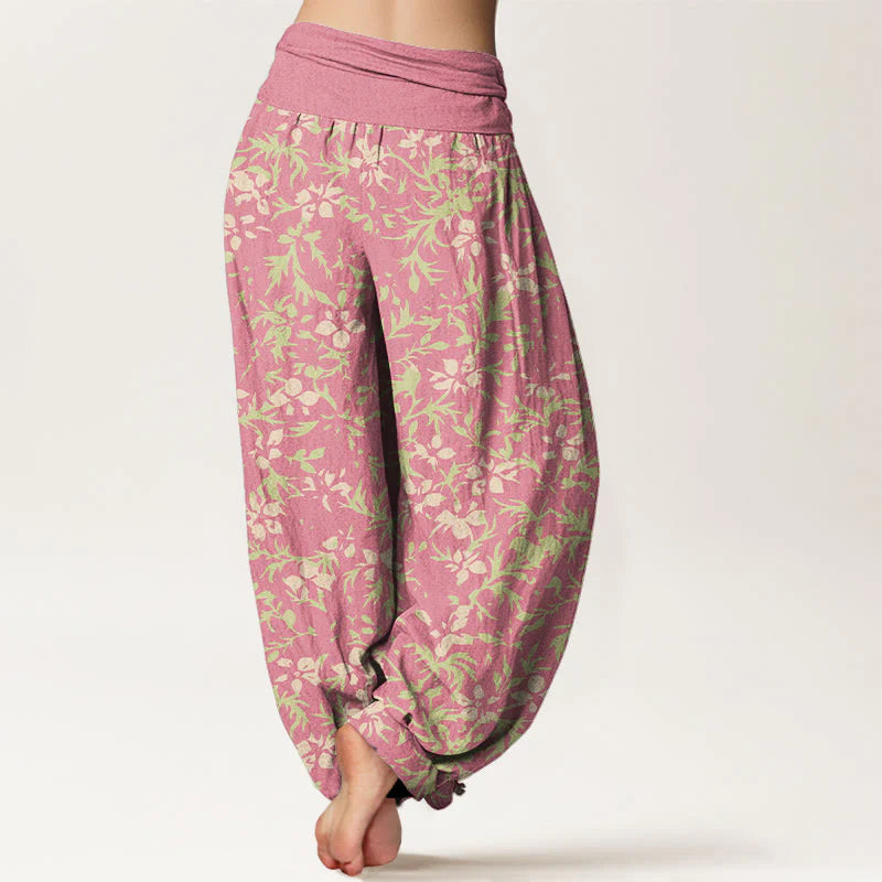 Buddha Stones Pure Cotton Abstract Flowers Leaves Pattern Women's Elastic Waist Harem Pants