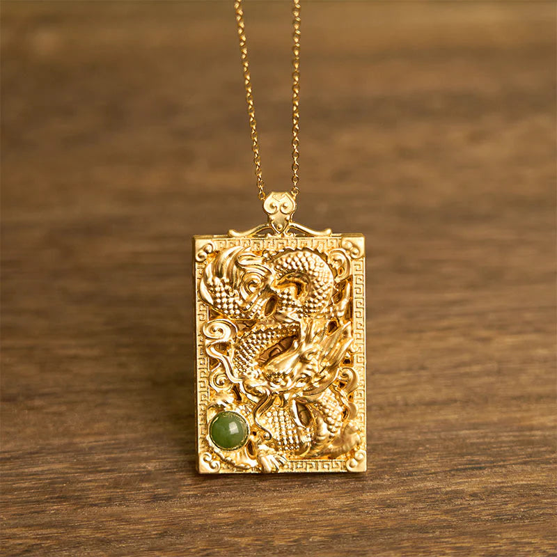 Buddha Stones Dragon Gold Plated Copper Hetian Jade Strength Necklace Pendant