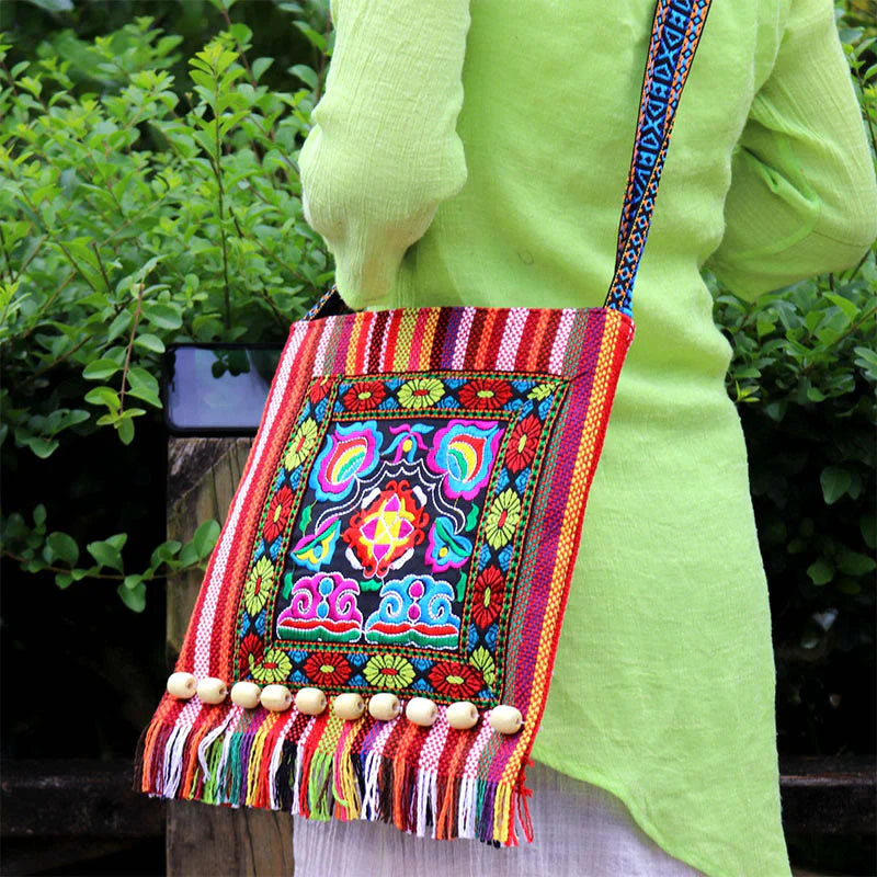 Buddha Stones Tibetan Handmade Embroidered Camellia Canvas Shoulder Bag Crossbody Bag