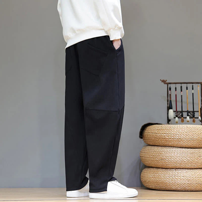 Buddha Stones Winter Solid Color Fleece-lined Men's Cotton Linen Pants With Pockets