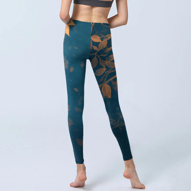 Buddha Stones Elegant Leaf Pattern Print Gym Leggings Women's Yoga Pants