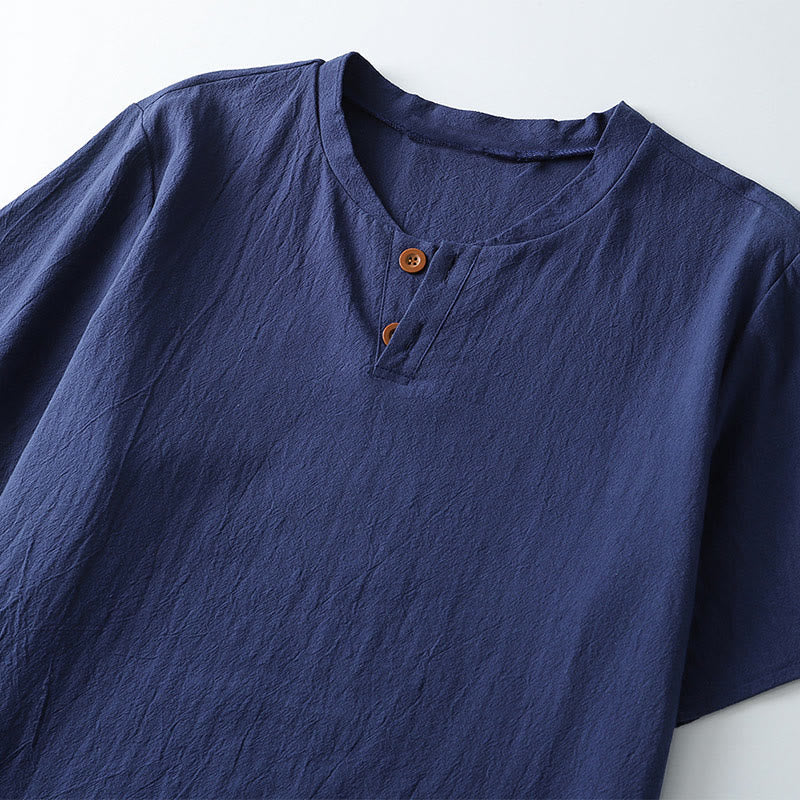 Buddha Stones Loose Men's T-shirt Solid Color Top Short Sleeve Button Notched Neck Soft Shirt