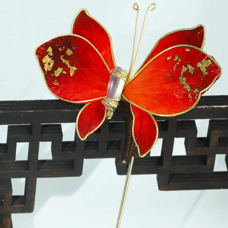 Buddha Stones Handcrafted Silk Art Velvet Flower Red Butterfly Brooch