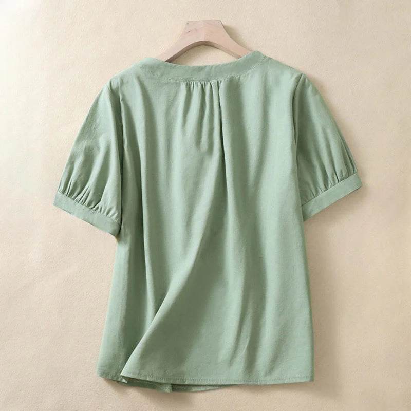 Buddha Stones Casual Women's Plain Crew Neck Button Design Half Sleeve Cotton Linen Shirt