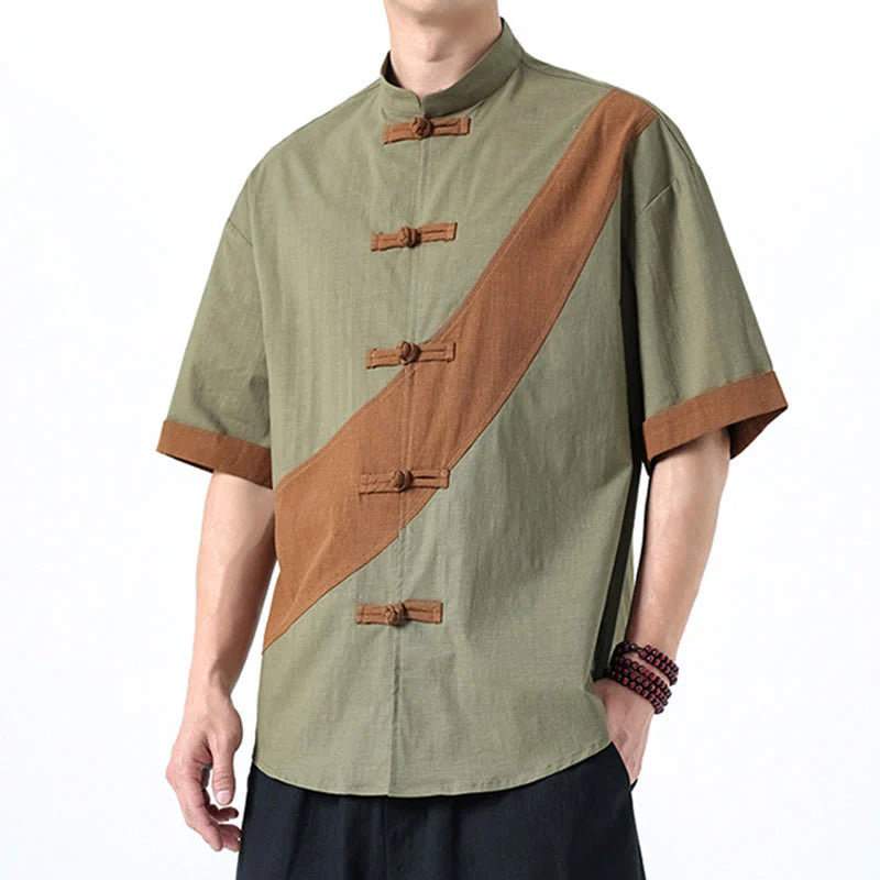 Buddha Stones Spring Color Contrast Chinese Frog-Button Design Men's Half Sleeve Cotton Linen Shirt