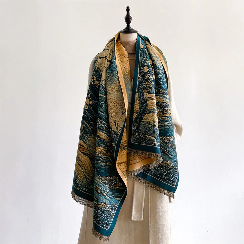 Buddha Stones Winter Gradient Color Warm Hills Trees Pattern Cozy Scarf Shawl